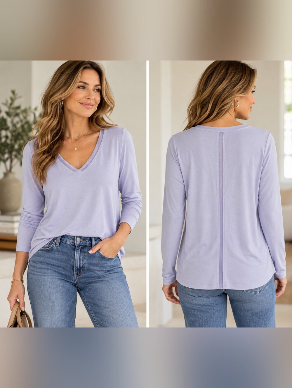 White House Black Market Lavender V-Neck Long Sleeve Top L